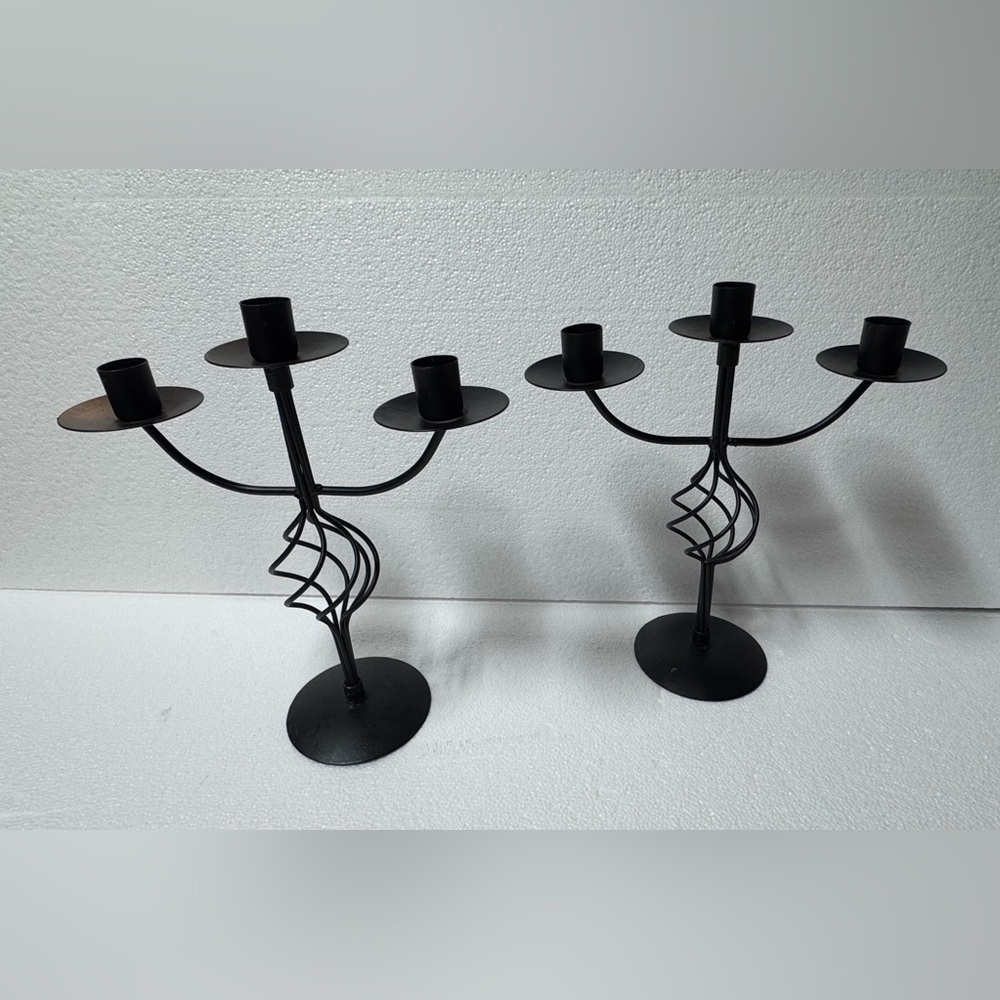 Elegant Black Metal 3-arm Candelabra Set